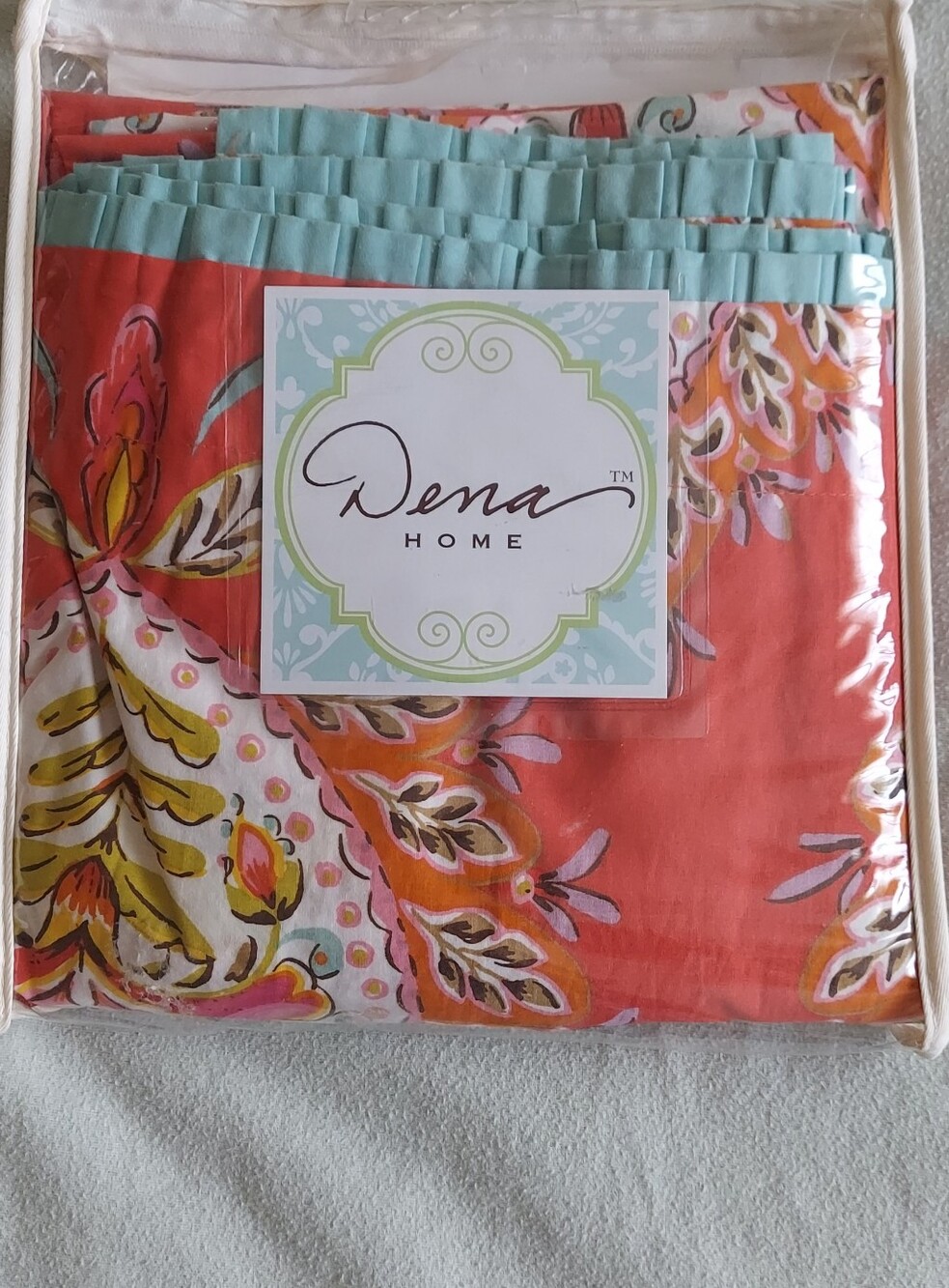 Dena Home Red-Orange Fabric Shower Curtain With Turquoise Trim